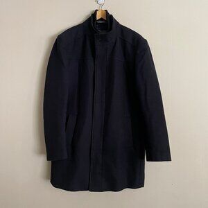 Zara Man Coat Size XXL Wool Blend Lined Navy Jacket Overcoat Zipper Button